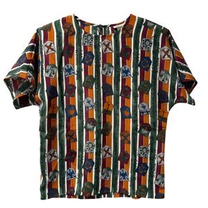 Vintage 90s Nicola Womens Striped Crest Print Short Sleeve Blouse Size S New